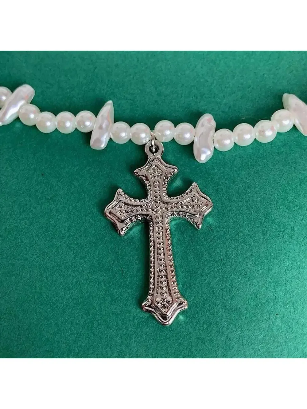 Cyber Grunge y2k Style Pearl Necklace with Gothic Silver Cross. 18-21 inches